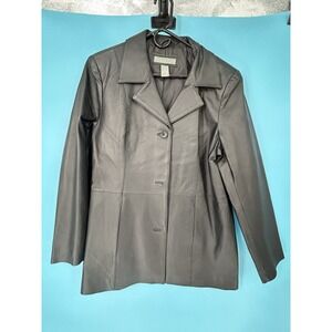 Jessica Holbrook Jacket Womens L Black Leather Coat Button Up Pockets Career